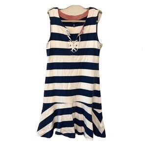 CHAPS Womens Size Medium Nautical Blue White Stripe Sleeveless Flutter Hem Dress